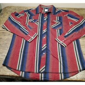 VTG Wrangler Shirt 17.5 x 38 Tall Long Striped Western Pearl Snap Red Blue